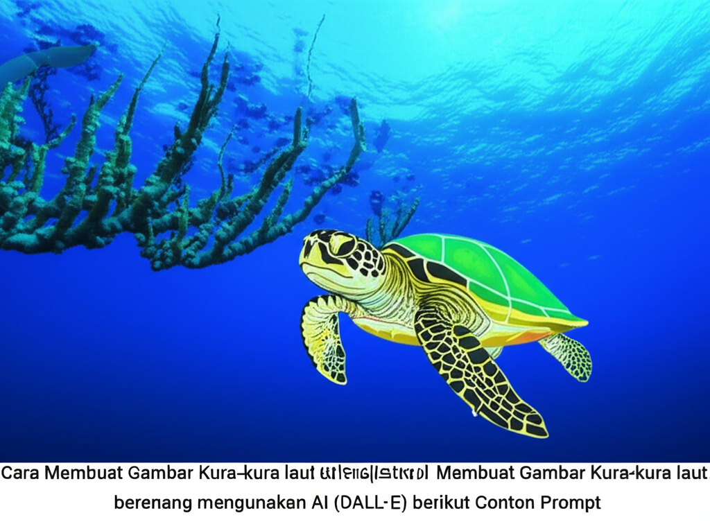 Cara Membuat Gambar Kura-kura laut berenang menggunakan AI (DALL·E) berikut Contoh Prompt
